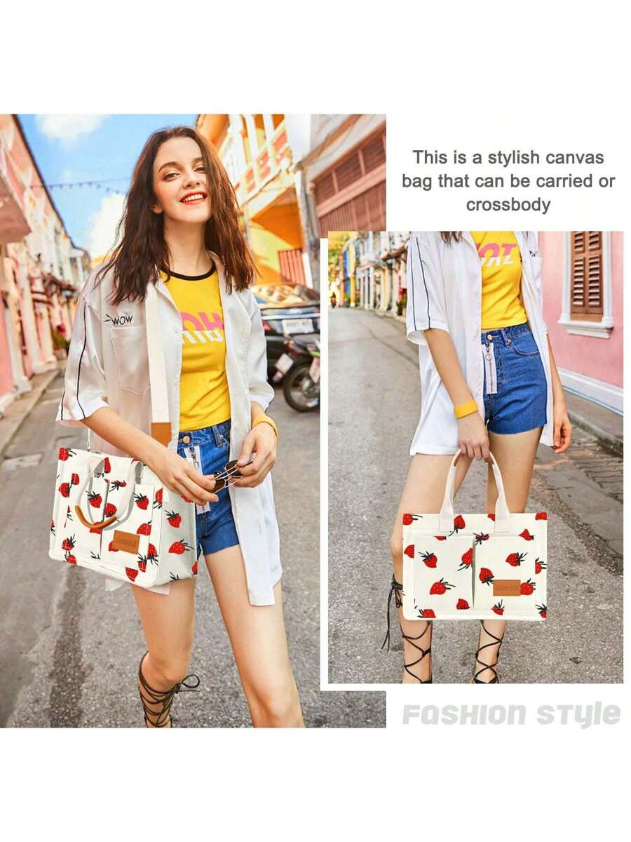 Hatisan Canvas Tote Bag For Women With Pockets Crossbody Bag Tote Shoulder Handbags Casual Work Bags Everything Tote Bag
