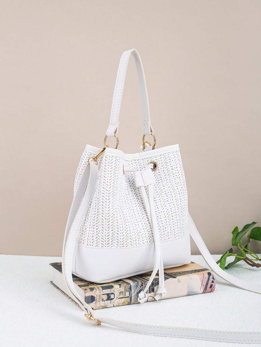Large Capacity Drawstring Water Bucket Bag, Versatile Daily Tote Bag, New Summer Beach Bag, Straw Handbag & Shoulder Bag For Women