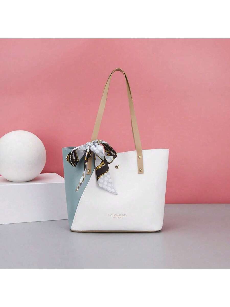 1pc PU Splicing Fashionable Scarf Letter Foil Tote Bag, Handbag, Shoulder Bag, Shopping Bag, Casual Everyday Use