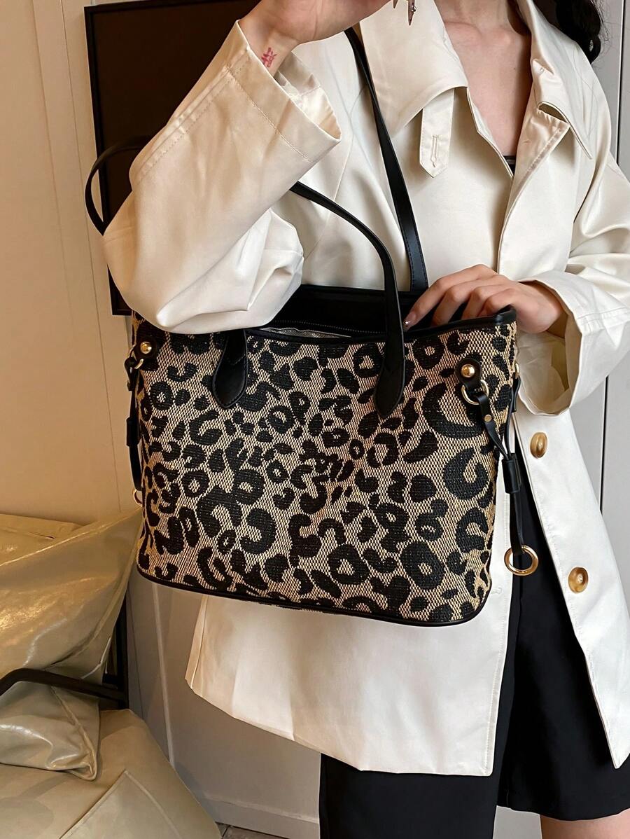 Fashionable And Casual Retro Leopard Print Pattern Women's Shoulder Tote Bag Suitable For Daily Commuting Women's Leopard Print Shoulder Bag As Gifts, Fall 2024 New Style Large Capacity Designer Tote