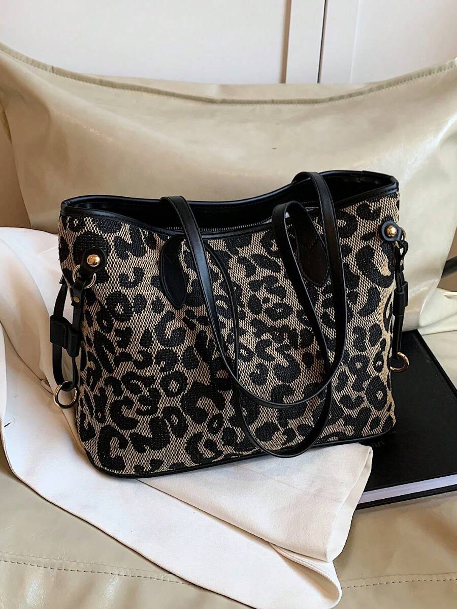 Fashionable And Casual Retro Leopard Print Pattern Women's Shoulder Tote Bag Suitable For Daily Commuting Women's Leopard Print Shoulder Bag As Gifts, Fall 2024 New Style Large Capacity Designer Tote