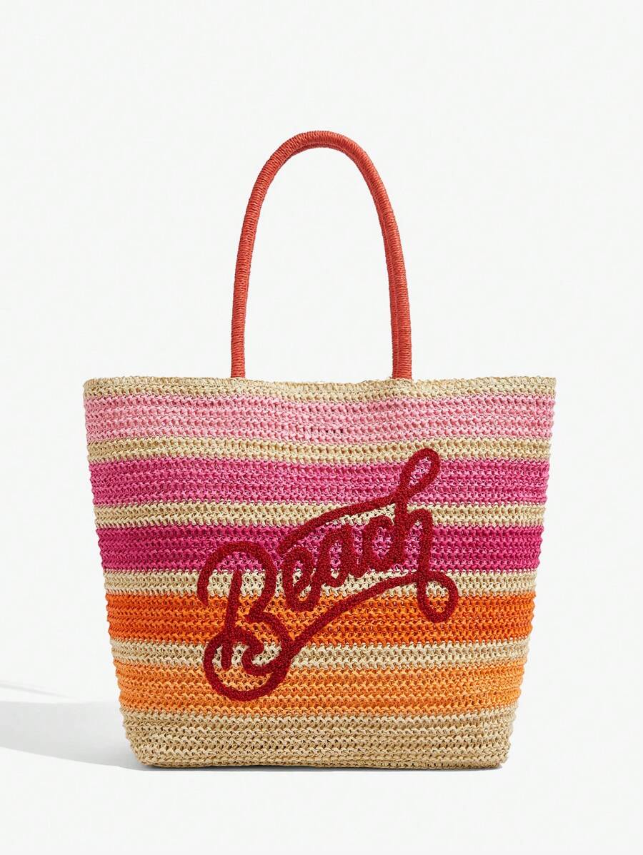 BAE Casual Holiday Colorblock Striped Letter Embroidery Tote Bag