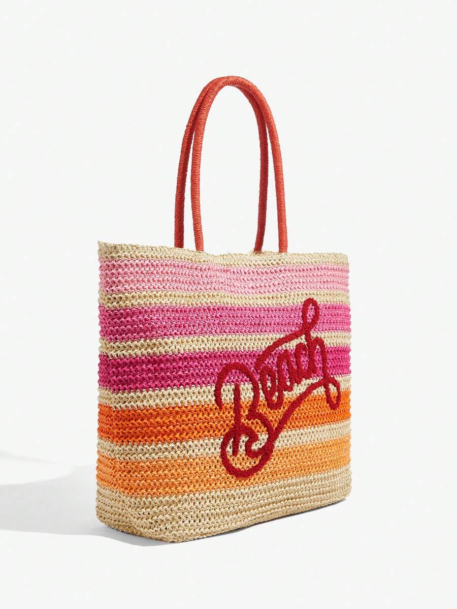 BAE Casual Holiday Colorblock Striped Letter Embroidery Tote Bag