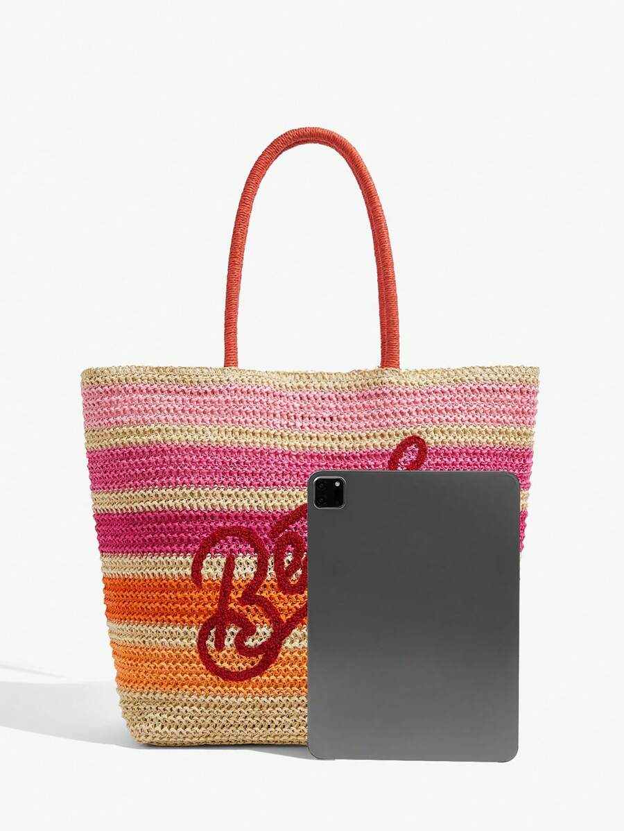BAE Casual Holiday Colorblock Striped Letter Embroidery Tote Bag