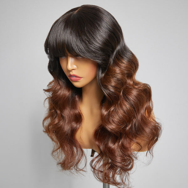 Letitia Chestnut Brown Ombre Loose Body Wave With Blunt Bangs 5x5 Closure Lace Glueless Wig | Large & Small Cap Size