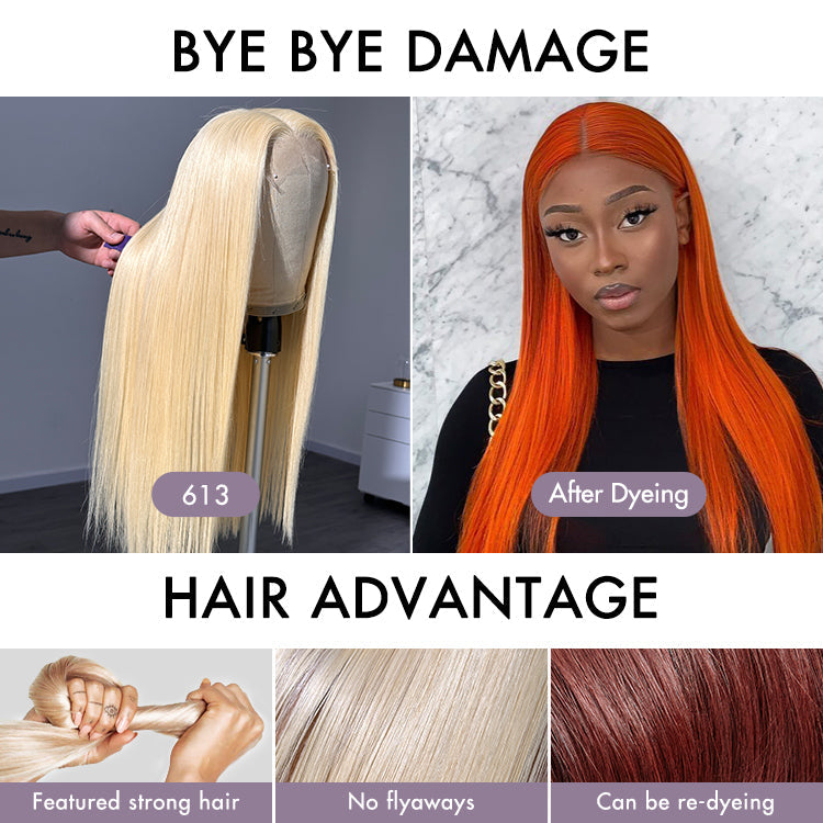 16''+$5=18''| PreMax Wigs - 180% Density Easily Redyed 613 Silky Straight 5x5 Closure HD Lace Glueless Mid Part Long Wig Pre-cut & Plucked & Bleached