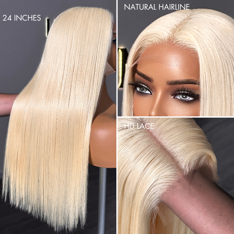 16''+$5=18''| PreMax Wigs - 180% Density Easily Redyed 613 Silky Straight 5x5 Closure HD Lace Glueless Mid Part Long Wig Pre-cut & Plucked & Bleached