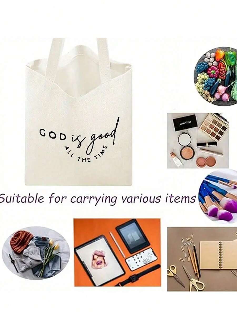 Large Capacity Christian Canvas Tote Bag-, Lightweight, Fashion Shoulder Bag With Fixed Strap, Open Top, Bible Verse Print, Easy Clean, Gift For Christianity Believers