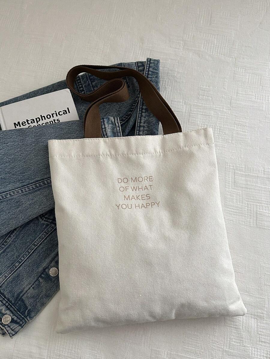 DAZY 1pc Black Letter Print Women Tote Bag, Opened Canvas Shoulder Handbag, Simple School Bag For Primary, Secondary, University Students, Document Organizer, Travel Bag, Literary School Bag For Teens