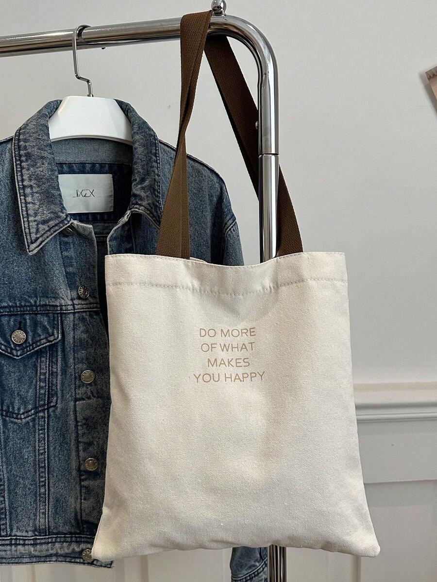 DAZY 1pc Black Letter Print Women Tote Bag, Opened Canvas Shoulder Handbag, Simple School Bag For Primary, Secondary, University Students, Document Organizer, Travel Bag, Literary School Bag For Teens