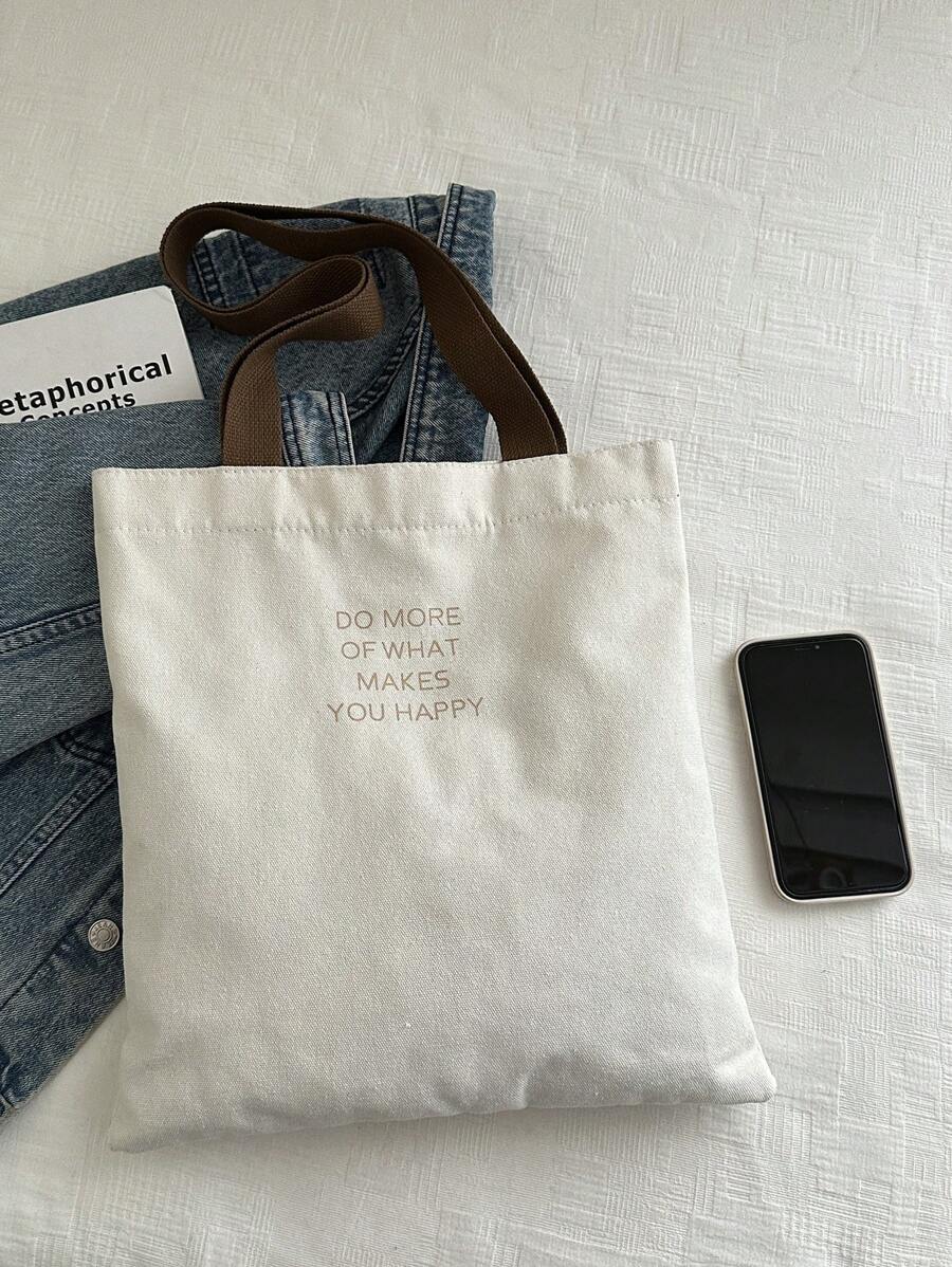 DAZY 1pc Black Letter Print Women Tote Bag, Opened Canvas Shoulder Handbag, Simple School Bag For Primary, Secondary, University Students, Document Organizer, Travel Bag, Literary School Bag For Teens