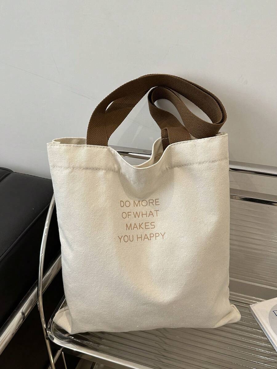 DAZY 1pc Black Letter Print Women Tote Bag, Opened Canvas Shoulder Handbag, Simple School Bag For Primary, Secondary, University Students, Document Organizer, Travel Bag, Literary School Bag For Teens