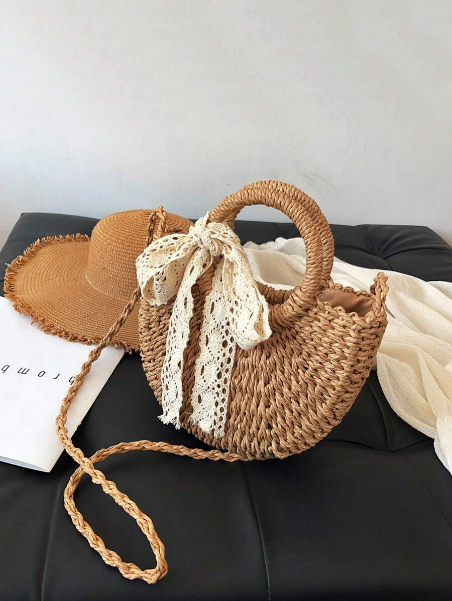 BAILEE Women's Bohemian Solid Color Woven Grass Bag With Ribbon-Tied Circular Handle