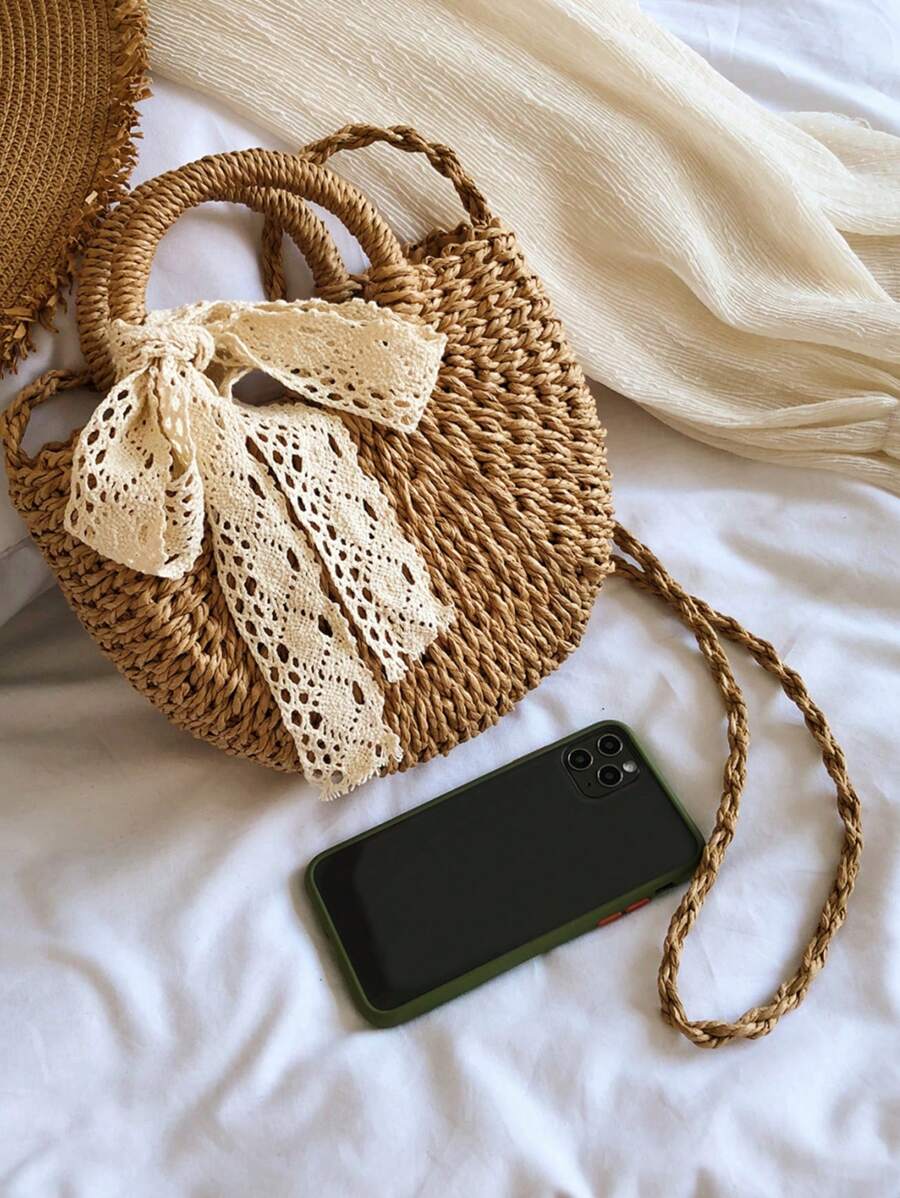 BAILEE Women's Bohemian Solid Color Woven Grass Bag With Ribbon-Tied Circular Handle