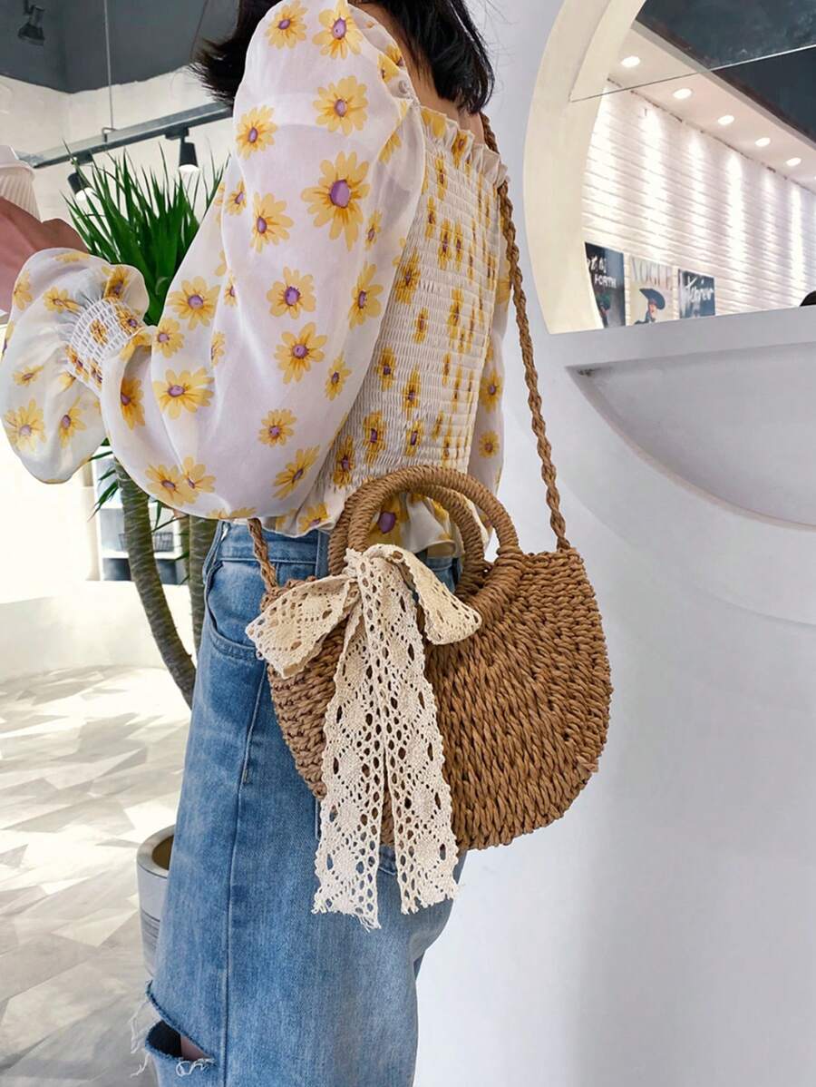 BAILEE Women's Bohemian Solid Color Woven Grass Bag With Ribbon-Tied Circular Handle