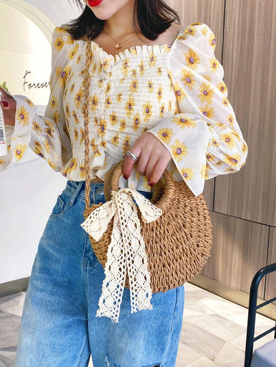 BAILEE Women's Bohemian Solid Color Woven Grass Bag With Ribbon-Tied Circular Handle
