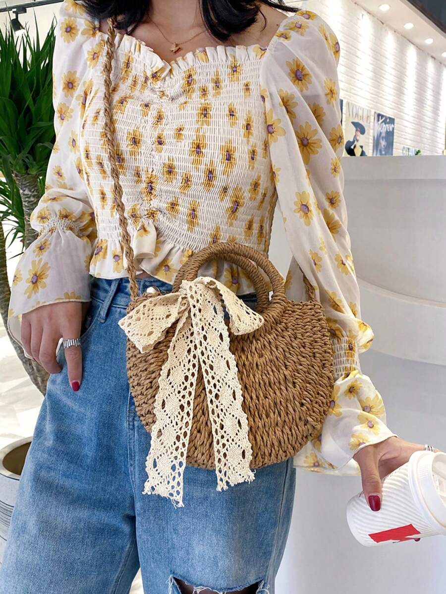 BAILEE Women's Bohemian Solid Color Woven Grass Bag With Ribbon-Tied Circular Handle