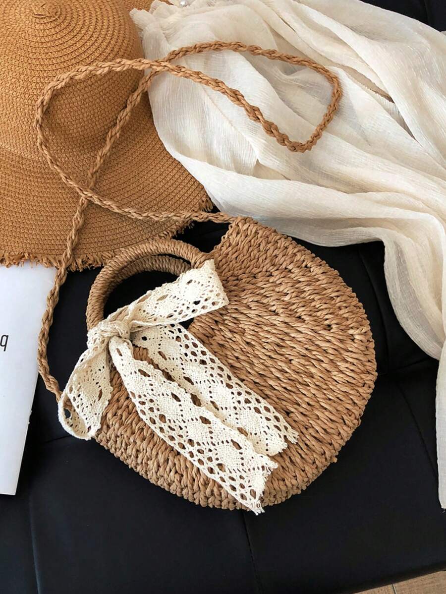 BAILEE Women's Bohemian Solid Color Woven Grass Bag With Ribbon-Tied Circular Handle