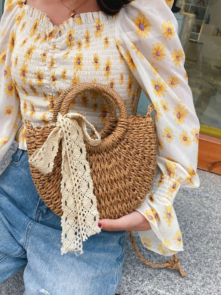 BAILEE Women's Bohemian Solid Color Woven Grass Bag With Ribbon-Tied Circular Handle