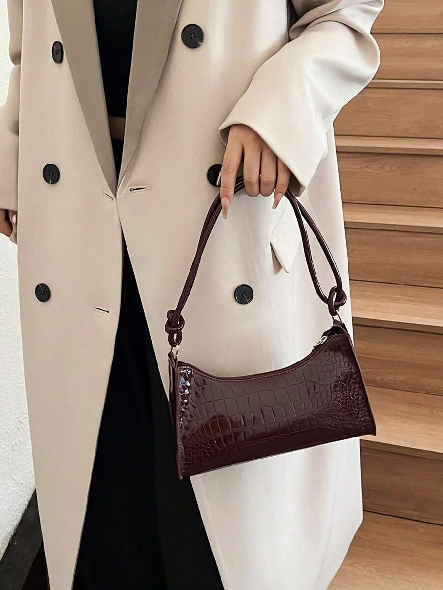 Crocodile Embossed Handbag, New Korean Fashion Ladies Tote Shoulder Bag, Chic Minimalist Crescent Shape Commute Handbag For Women