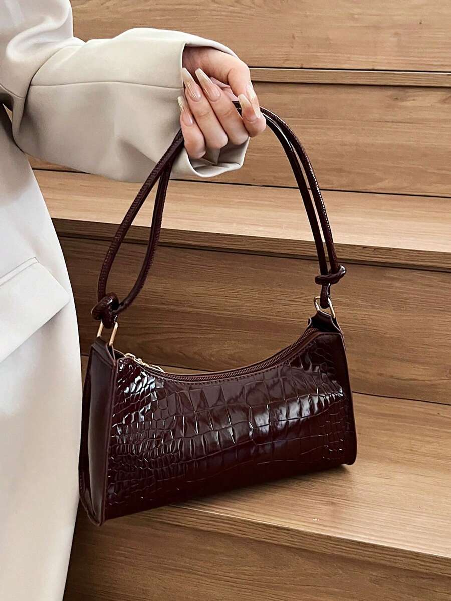 Crocodile Embossed Handbag, New Korean Fashion Ladies Tote Shoulder Bag, Chic Minimalist Crescent Shape Commute Handbag For Women