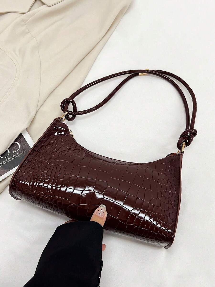 Crocodile Embossed Handbag, New Korean Fashion Ladies Tote Shoulder Bag, Chic Minimalist Crescent Shape Commute Handbag For Women