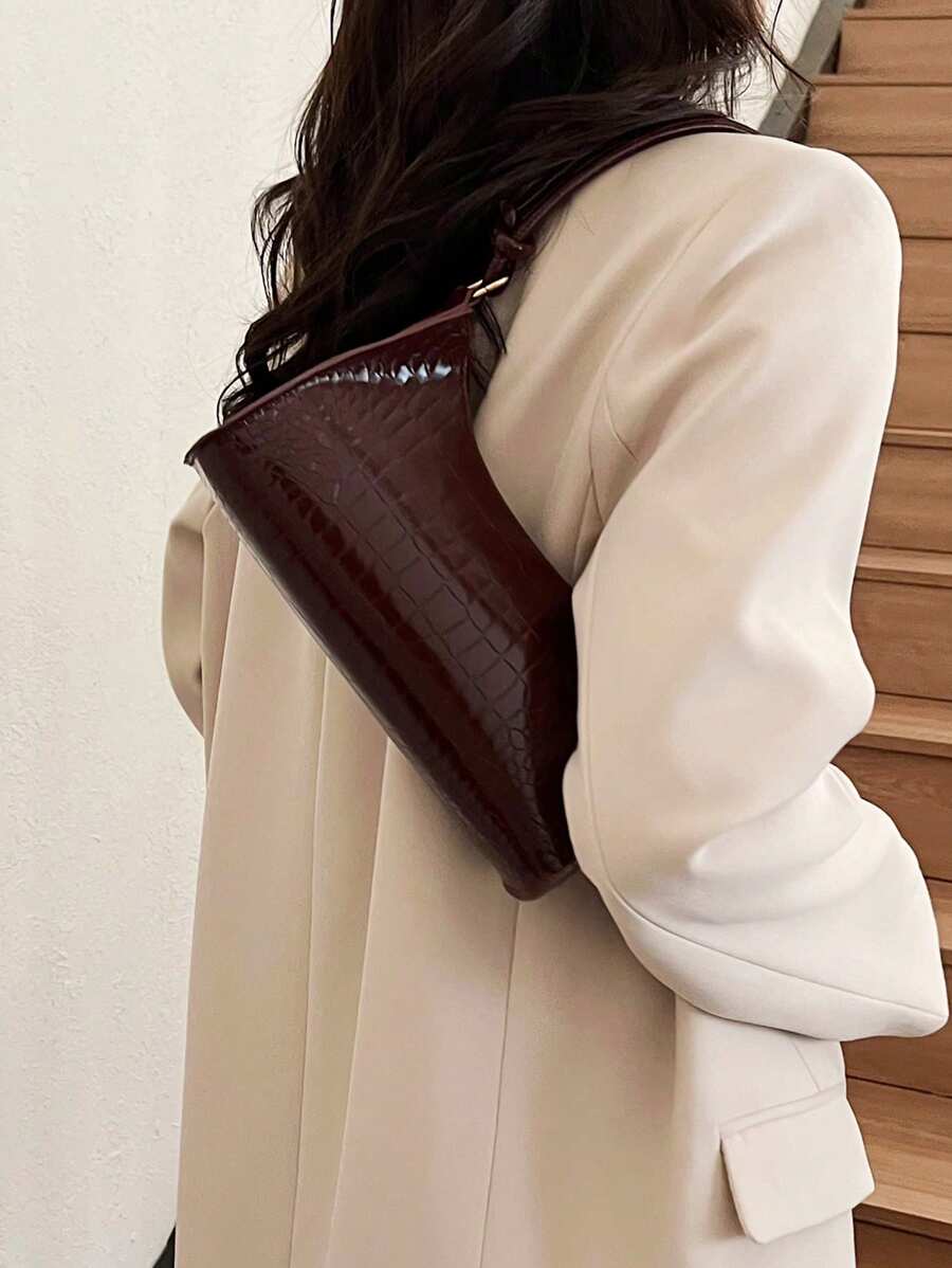 Crocodile Embossed Handbag, New Korean Fashion Ladies Tote Shoulder Bag, Chic Minimalist Crescent Shape Commute Handbag For Women
