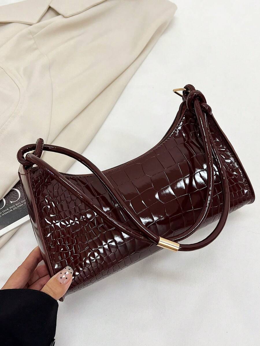 Crocodile Embossed Handbag, New Korean Fashion Ladies Tote Shoulder Bag, Chic Minimalist Crescent Shape Commute Handbag For Women