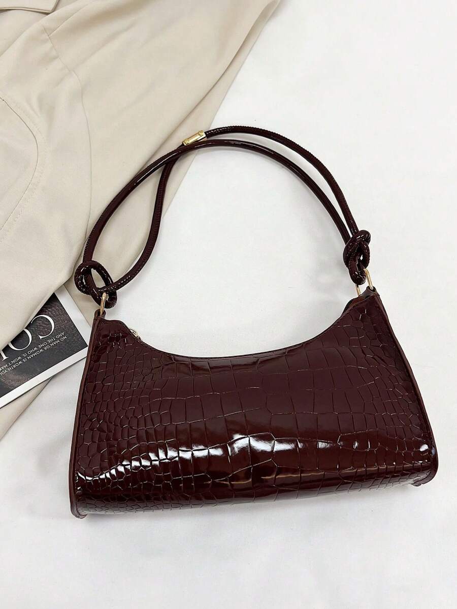 Crocodile Embossed Handbag, New Korean Fashion Ladies Tote Shoulder Bag, Chic Minimalist Crescent Shape Commute Handbag For Women