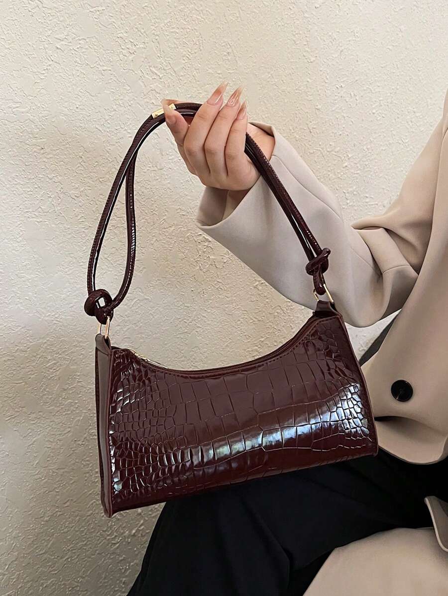Crocodile Embossed Handbag, New Korean Fashion Ladies Tote Shoulder Bag, Chic Minimalist Crescent Shape Commute Handbag For Women