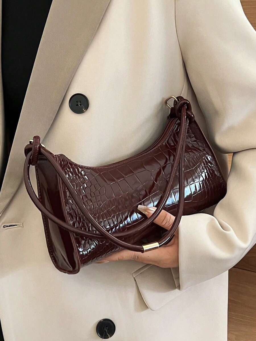 Crocodile Embossed Handbag, New Korean Fashion Ladies Tote Shoulder Bag, Chic Minimalist Crescent Shape Commute Handbag For Women