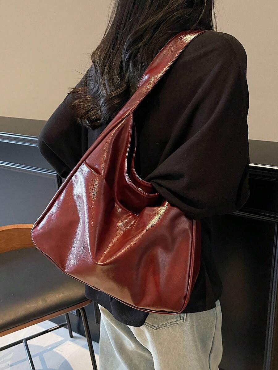 New Fashion Women's Shoulder Bag, Large Capacity Storage Handbag In Wine Red, Foldable Minimalist Shoulder Bag, Underarm Bag, Compact Lightweight Multifunctional Bag, Retro Style College/Work Commute