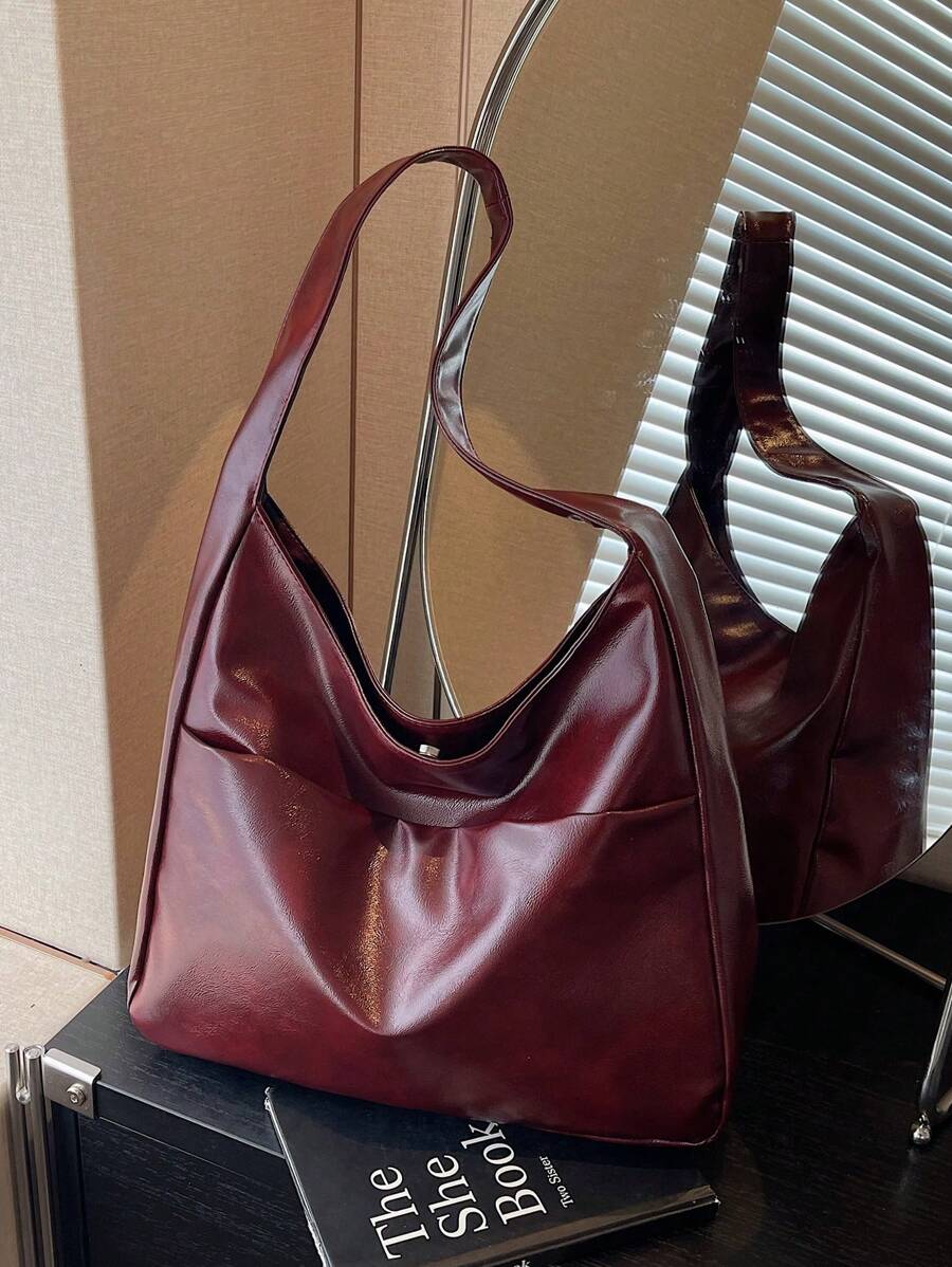 New Fashion Women's Shoulder Bag, Large Capacity Storage Handbag In Wine Red, Foldable Minimalist Shoulder Bag, Underarm Bag, Compact Lightweight Multifunctional Bag, Retro Style College/Work Commute
