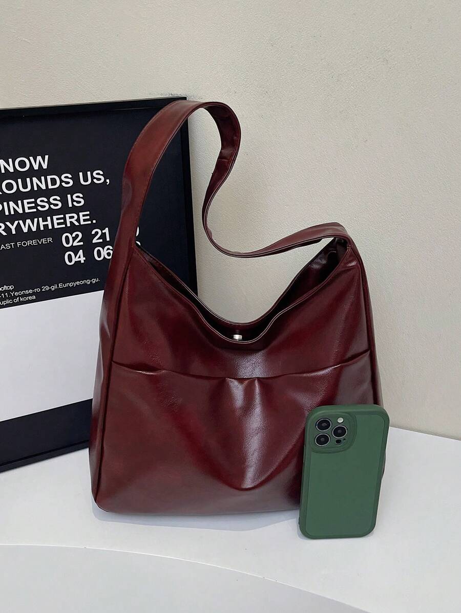 New Fashion Women's Shoulder Bag, Large Capacity Storage Handbag In Wine Red, Foldable Minimalist Shoulder Bag, Underarm Bag, Compact Lightweight Multifunctional Bag, Retro Style College/Work Commute