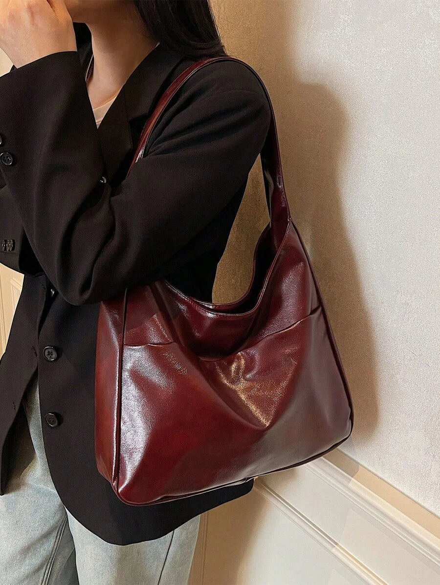 New Fashion Women's Shoulder Bag, Large Capacity Storage Handbag In Wine Red, Foldable Minimalist Shoulder Bag, Underarm Bag, Compact Lightweight Multifunctional Bag, Retro Style College/Work Commute