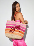 BAE Casual Holiday Colorblock Striped Letter Embroidery Tote Bag