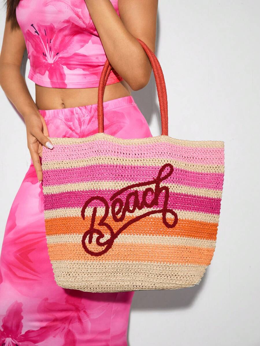 BAE Casual Holiday Colorblock Striped Letter Embroidery Tote Bag