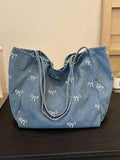 New Korean Style Casual Fashion Versatile Blue Eye-Catching Bowknot Washed Canvas Tote Bag, Suitable For Commuting, Travel, Shopping, Student Back To School And Other Occasions, Large Capacity Sweet W