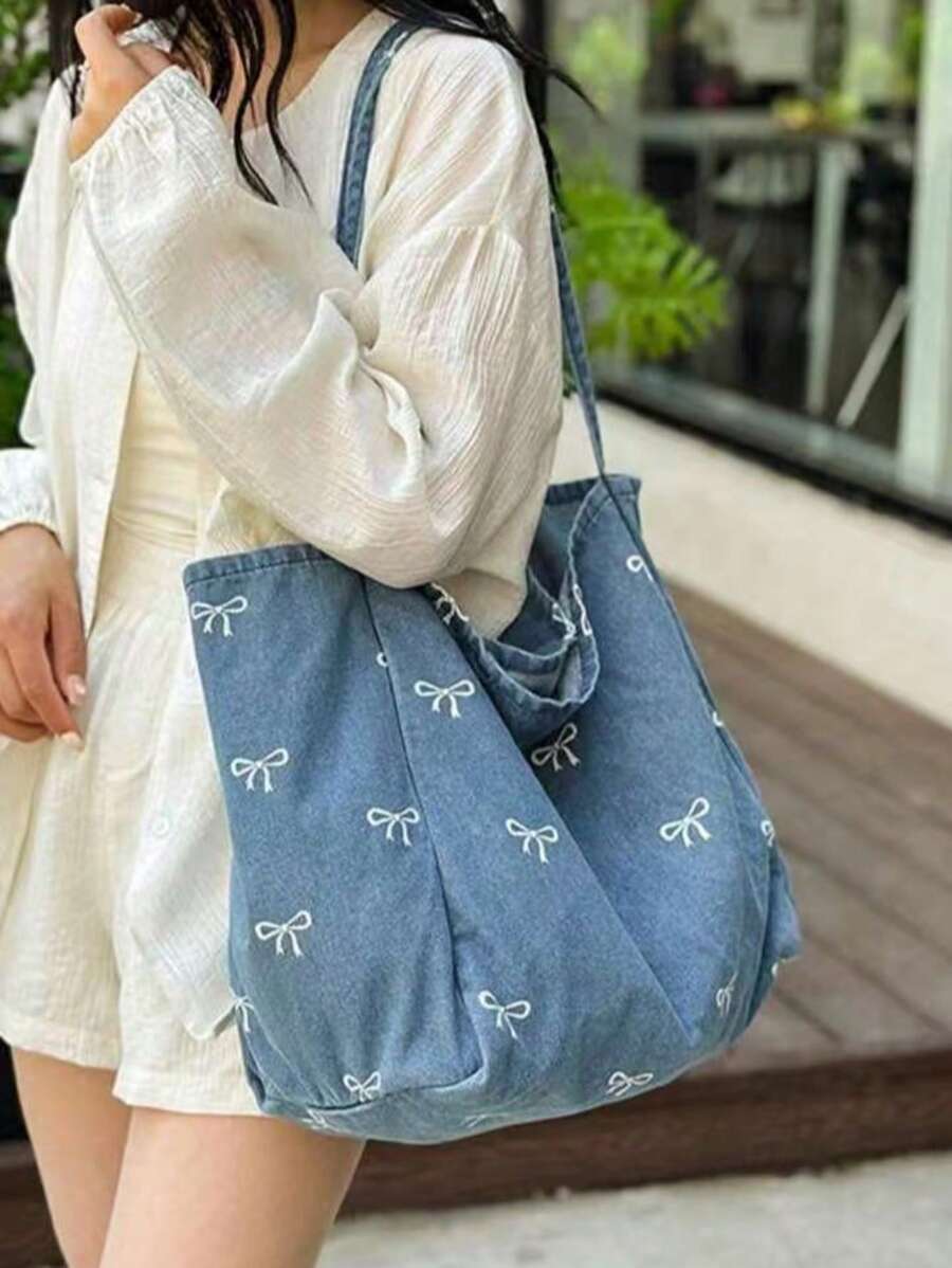 New Korean Style Casual Fashion Versatile Blue Eye-Catching Bowknot Washed Canvas Tote Bag, Suitable For Commuting, Travel, Shopping, Student Back To School And Other Occasions, Large Capacity Sweet W
