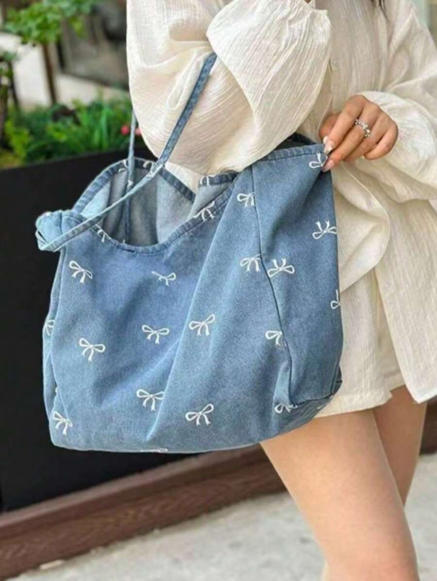 New Korean Style Casual Fashion Versatile Blue Eye-Catching Bowknot Washed Canvas Tote Bag, Suitable For Commuting, Travel, Shopping, Student Back To School And Other Occasions, Large Capacity Sweet W