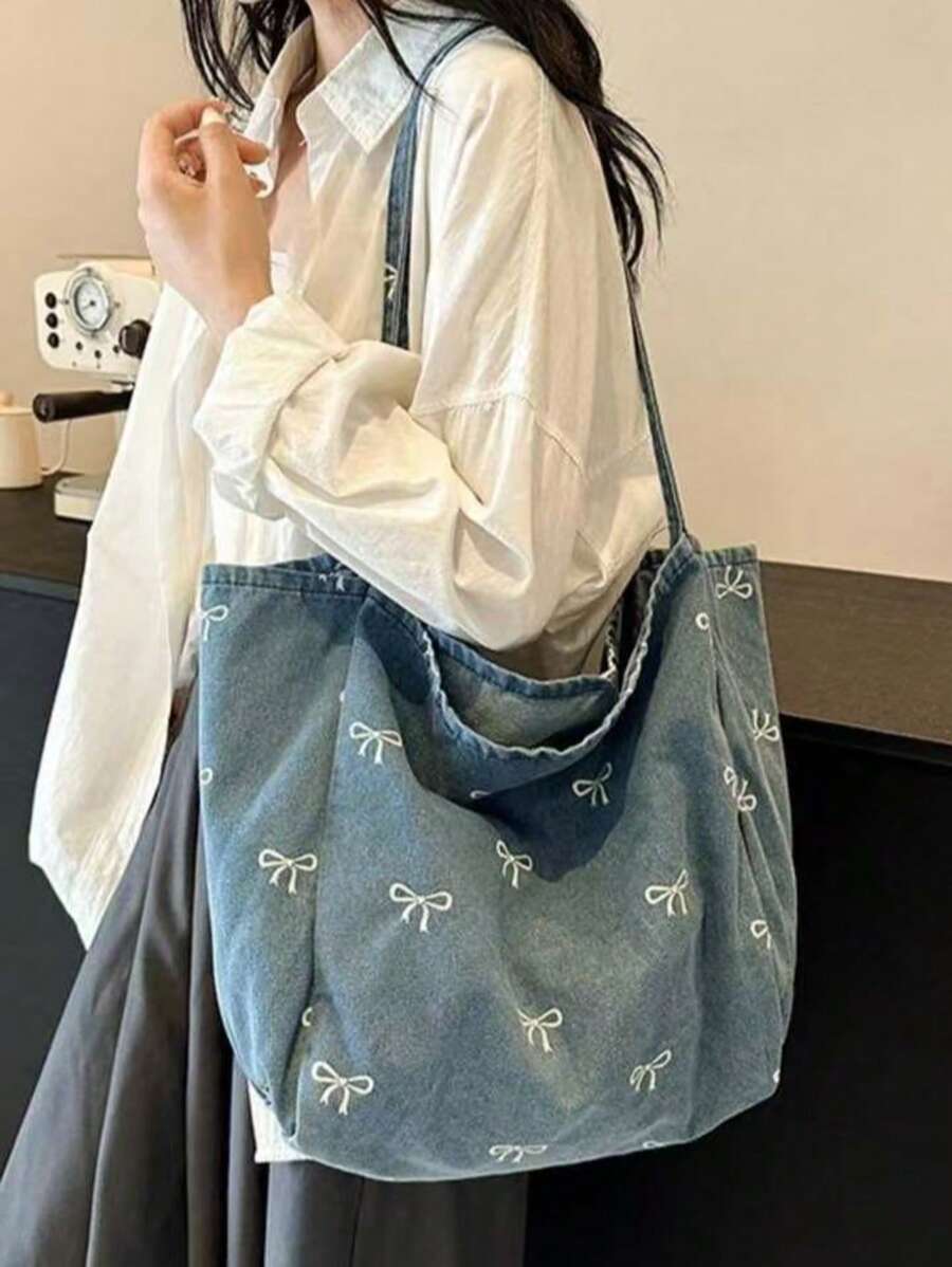 New Korean Style Casual Fashion Versatile Blue Eye-Catching Bowknot Washed Canvas Tote Bag, Suitable For Commuting, Travel, Shopping, Student Back To School And Other Occasions, Large Capacity Sweet W