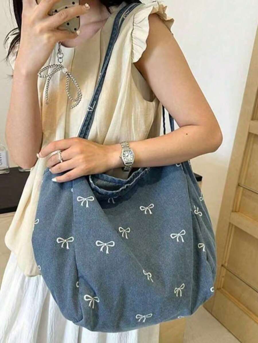 New Korean Style Casual Fashion Versatile Blue Eye-Catching Bowknot Washed Canvas Tote Bag, Suitable For Commuting, Travel, Shopping, Student Back To School And Other Occasions, Large Capacity Sweet W