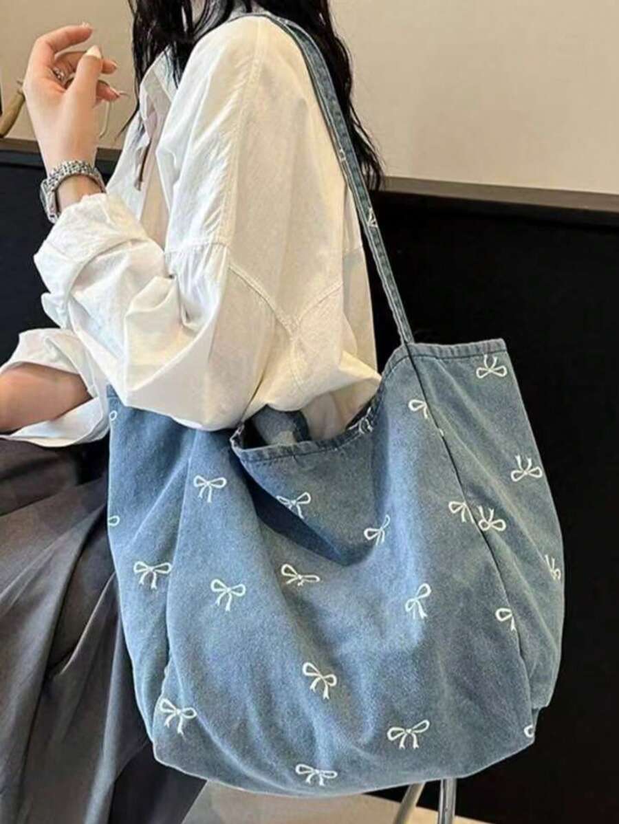 New Korean Style Casual Fashion Versatile Blue Eye-Catching Bowknot Washed Canvas Tote Bag, Suitable For Commuting, Travel, Shopping, Student Back To School And Other Occasions, Large Capacity Sweet W