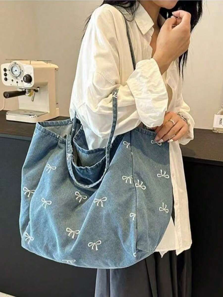 New Korean Style Casual Fashion Versatile Blue Eye-Catching Bowknot Washed Canvas Tote Bag, Suitable For Commuting, Travel, Shopping, Student Back To School And Other Occasions, Large Capacity Sweet W