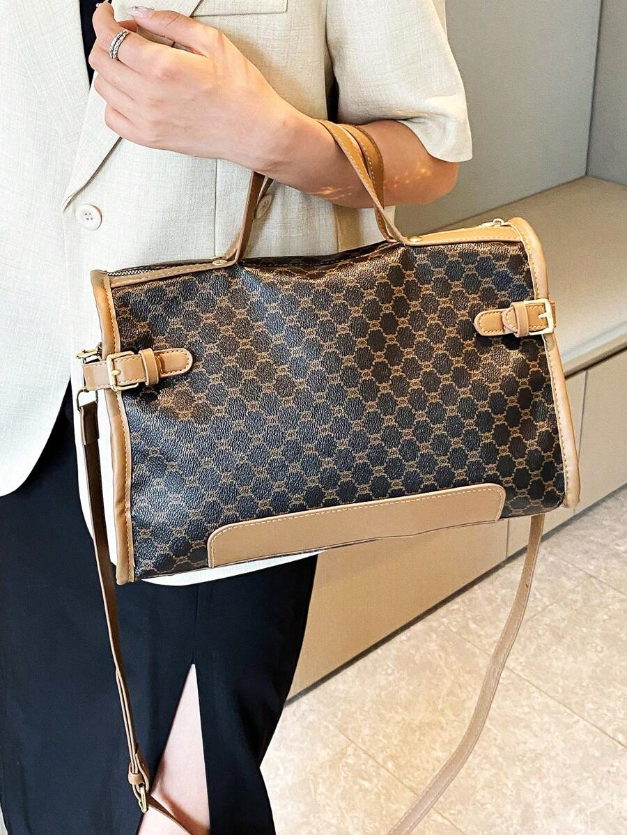 Designer Inspired Plus Size Women Handbag, Faux Leather Travel Tote Bag, Zipper Closure, Polyester Lining, Painted Edges, Classic Letter Graphic