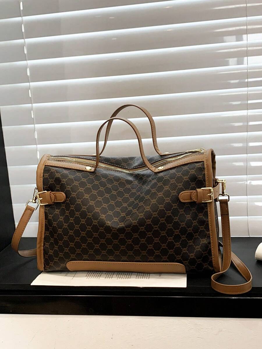 Designer Inspired Plus Size Women Handbag, Faux Leather Travel Tote Bag, Zipper Closure, Polyester Lining, Painted Edges, Classic Letter Graphic