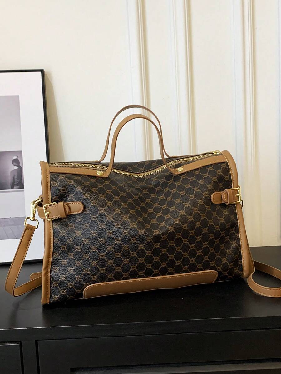 Designer Inspired Plus Size Women Handbag, Faux Leather Travel Tote Bag, Zipper Closure, Polyester Lining, Painted Edges, Classic Letter Graphic