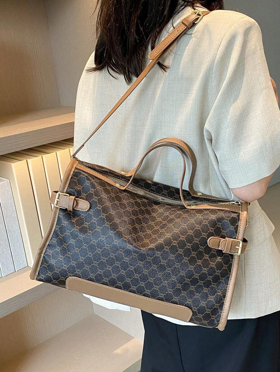 Designer Inspired Plus Size Women Handbag, Faux Leather Travel Tote Bag, Zipper Closure, Polyester Lining, Painted Edges, Classic Letter Graphic