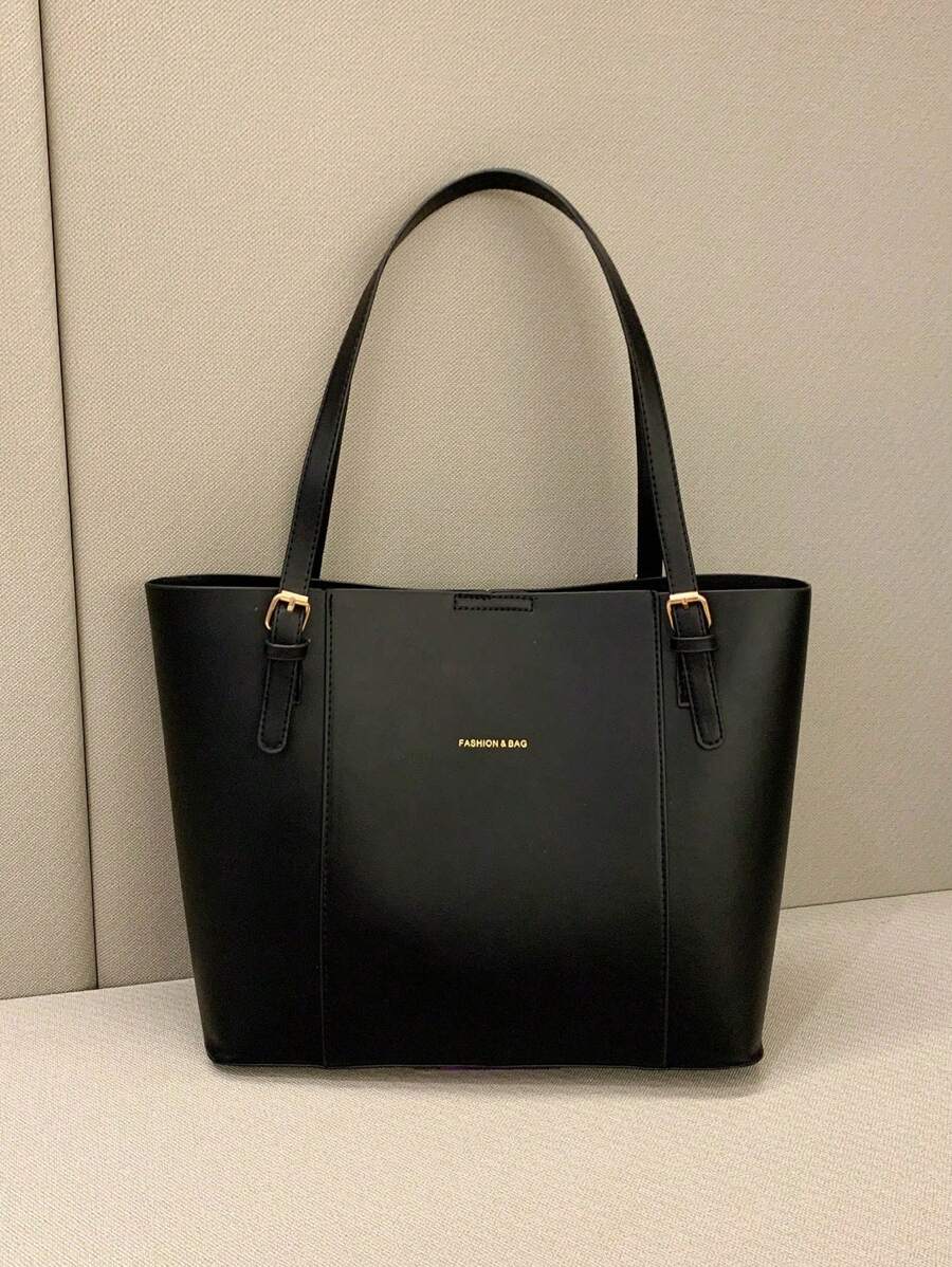 1pc PU Fashion Solid Color Large Capacity Design Shoulder Tote Bag