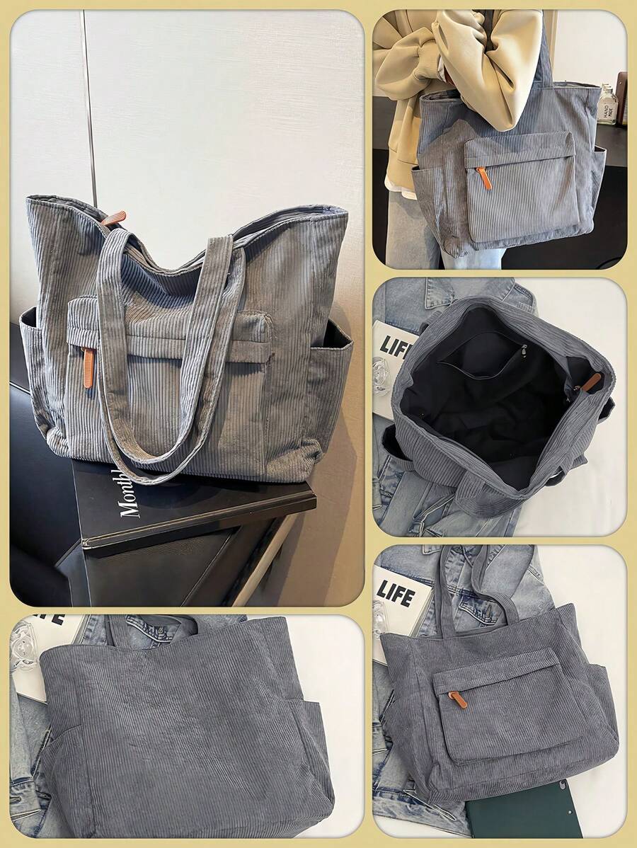 Fashion Solid Color Multi-Pocket Women's Tote Bag, Large Capacity Casual Outdoor Vacation Travel Shoulder Bag, Lightweight Multifunctional Shopping Grocery Storage Handbag, Simple Daily Commute Crossb